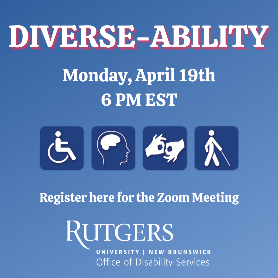 Flyer for Diverse-Ability zoom event on Monday, April 19, at 6:00 pm.