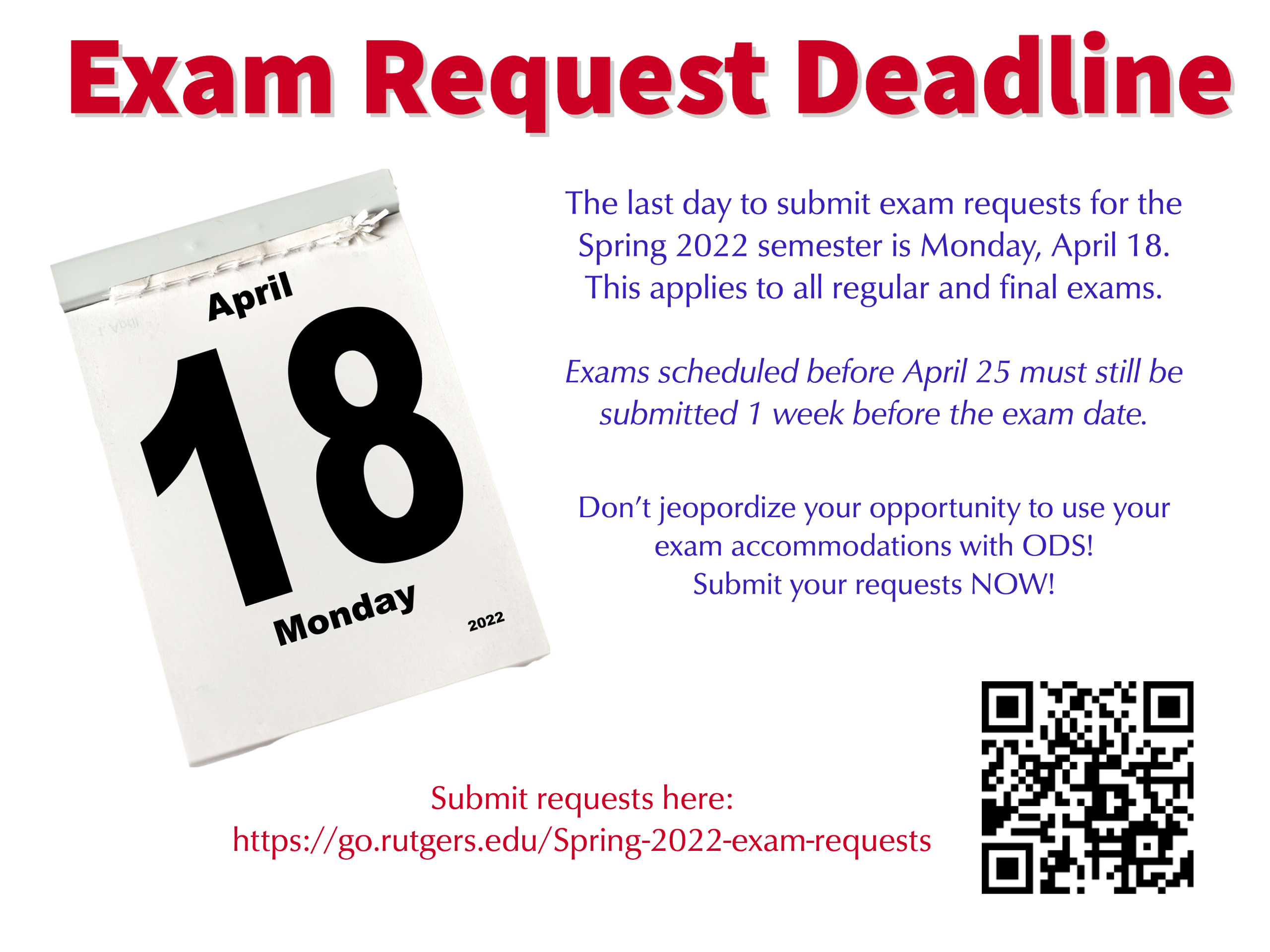 Image with calendar and text reminding students to submit exam requests by April 18. 