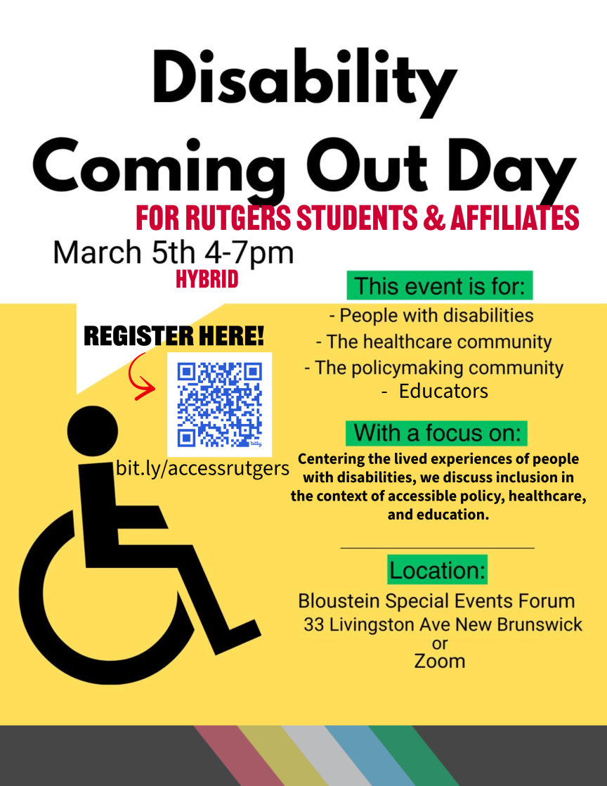 Flyer with information about the date and time of Disability Coming Out Day