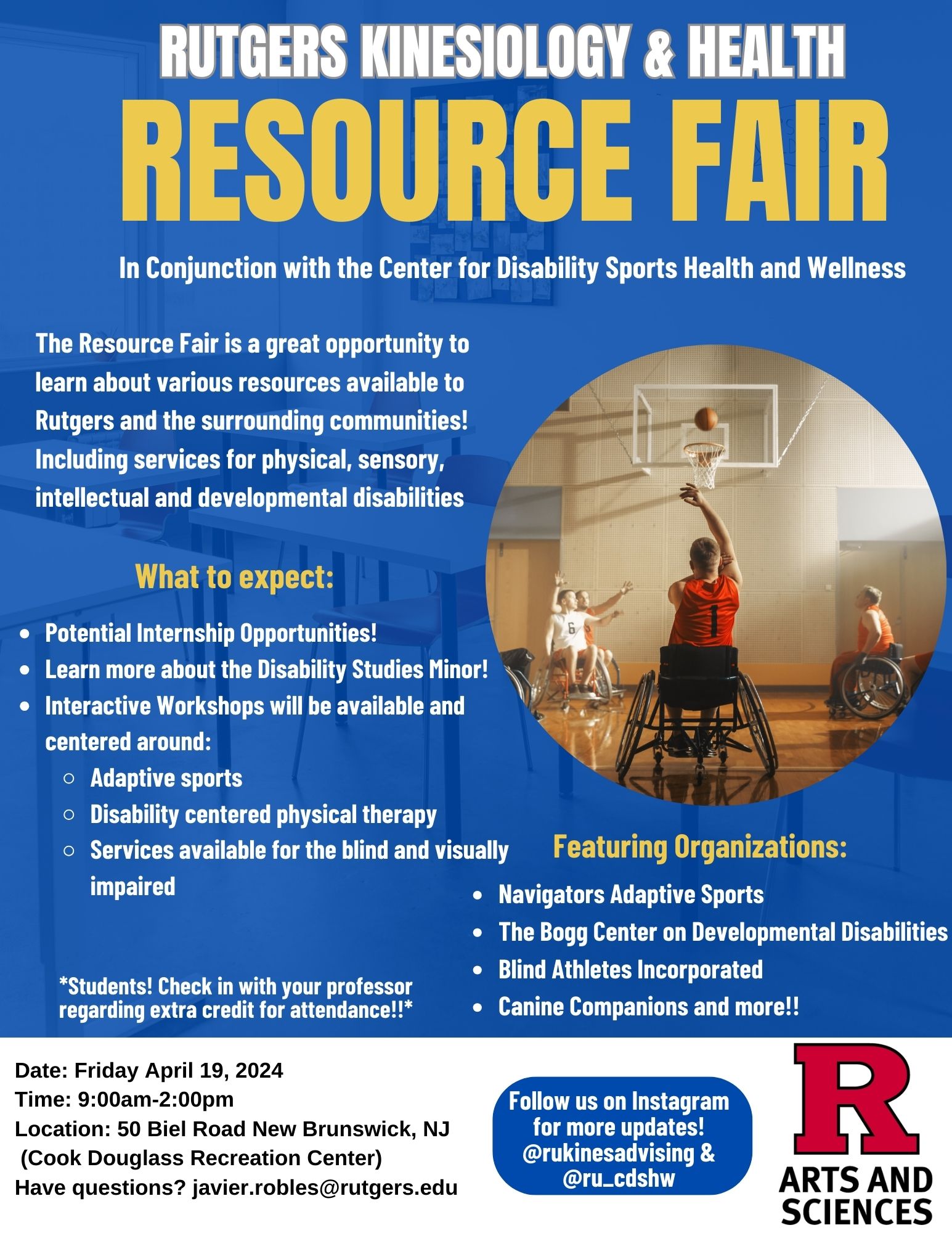 A flyer announcing The Rutgers Kinesiology & Health Resource Fair happening April 19th showcasing resources, internships, and workshops.