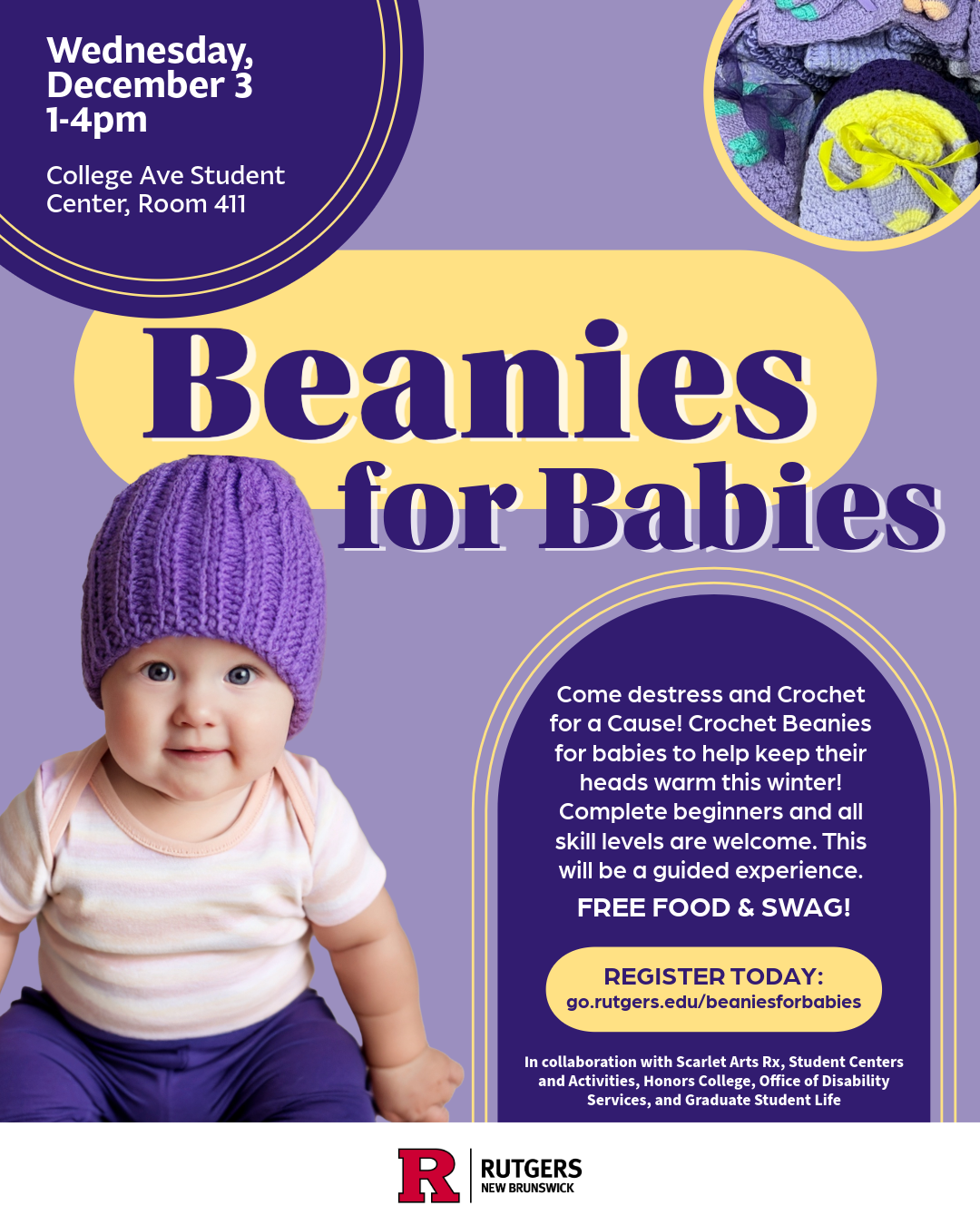A baby wearing a purple beanie. 