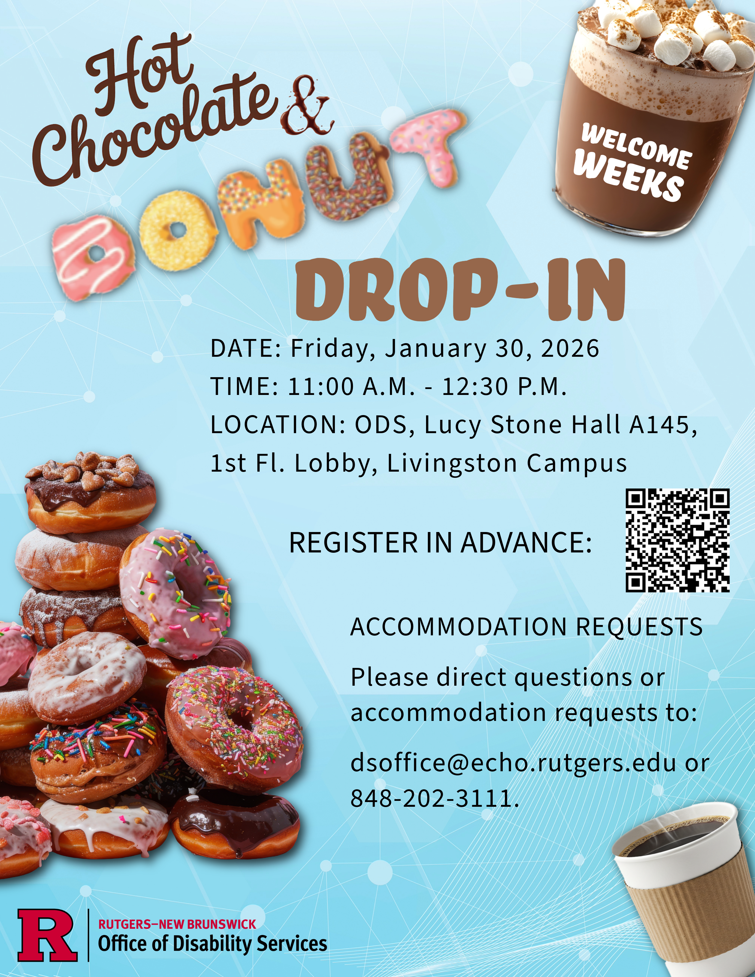 A pile of donuts on the left of the flyer, a ice coffee with marshmallows at the top right, and a hot coffee at the bottom of the flyer