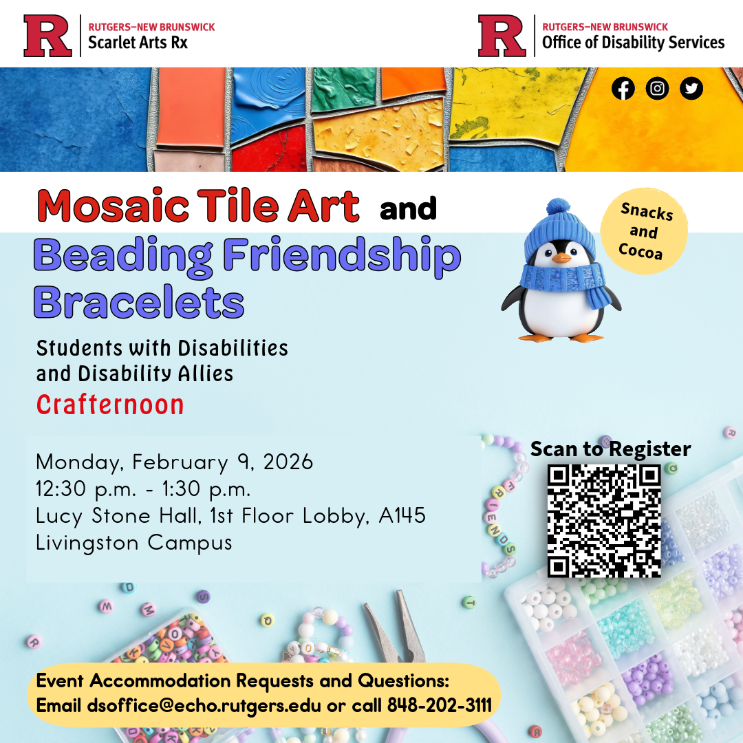A penguin in a blue hat and blue scarf to the right of the flyer. 